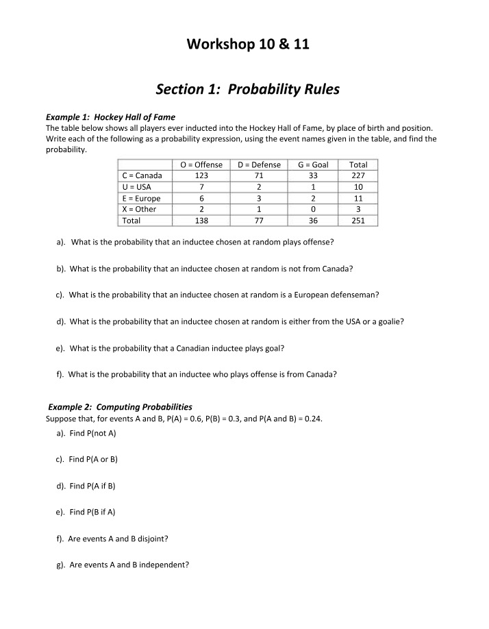 Workshop - Probability Rules and Calculating Probabilities