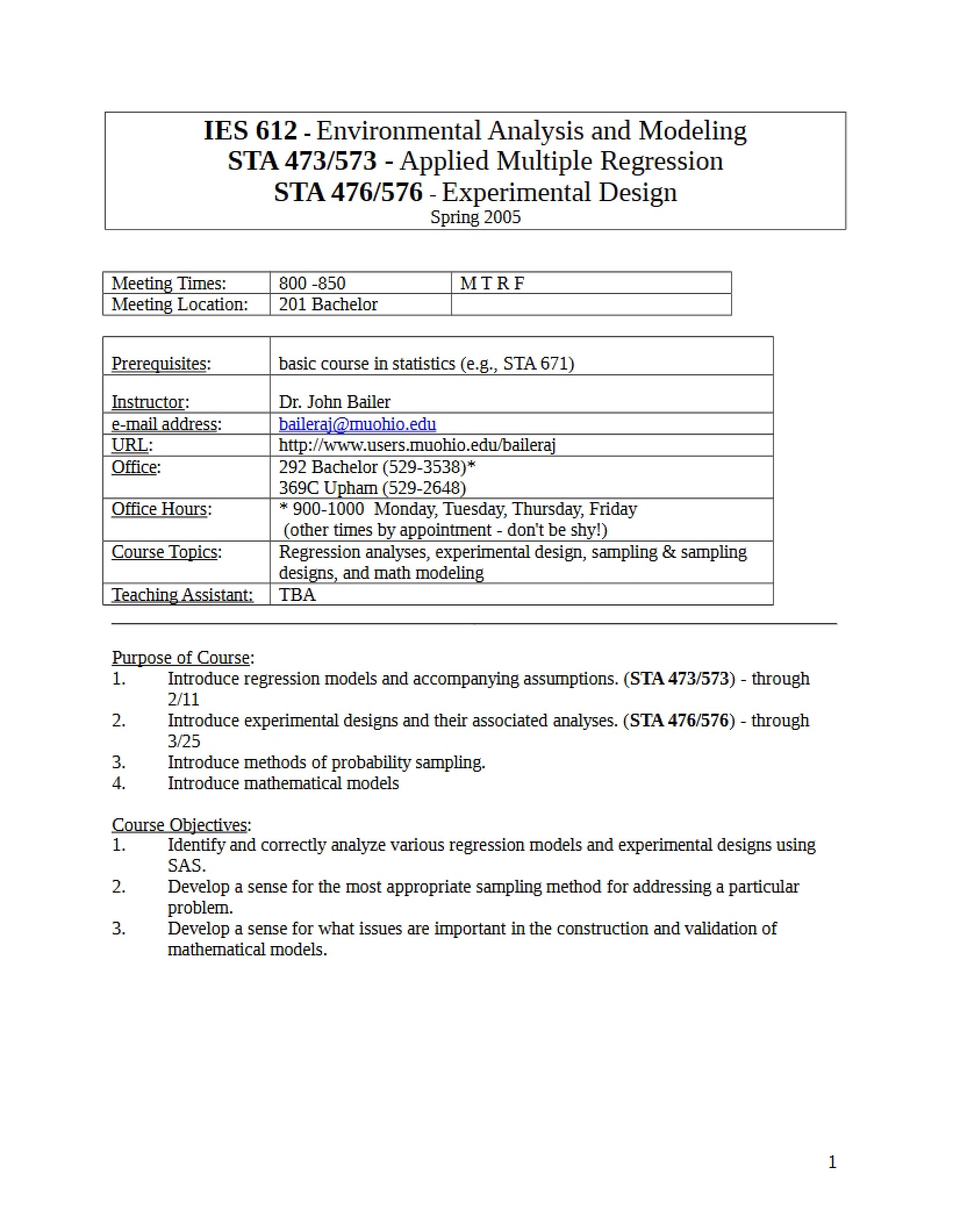 Course Syllabus for Environmental Analysis