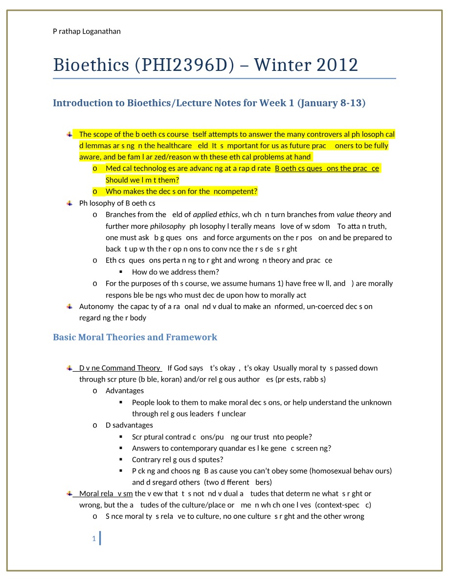 Lecture Notes for Bioethics