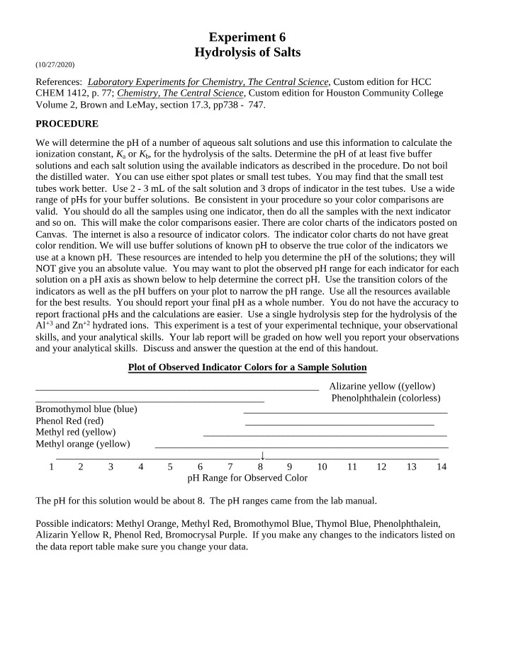 Experiment 6 - pH Determination in Hydrolysis of Salts