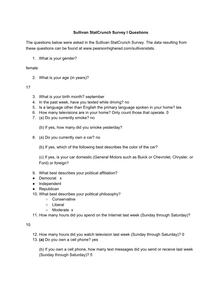 Survey I Questions - Sullivan StatCrunch