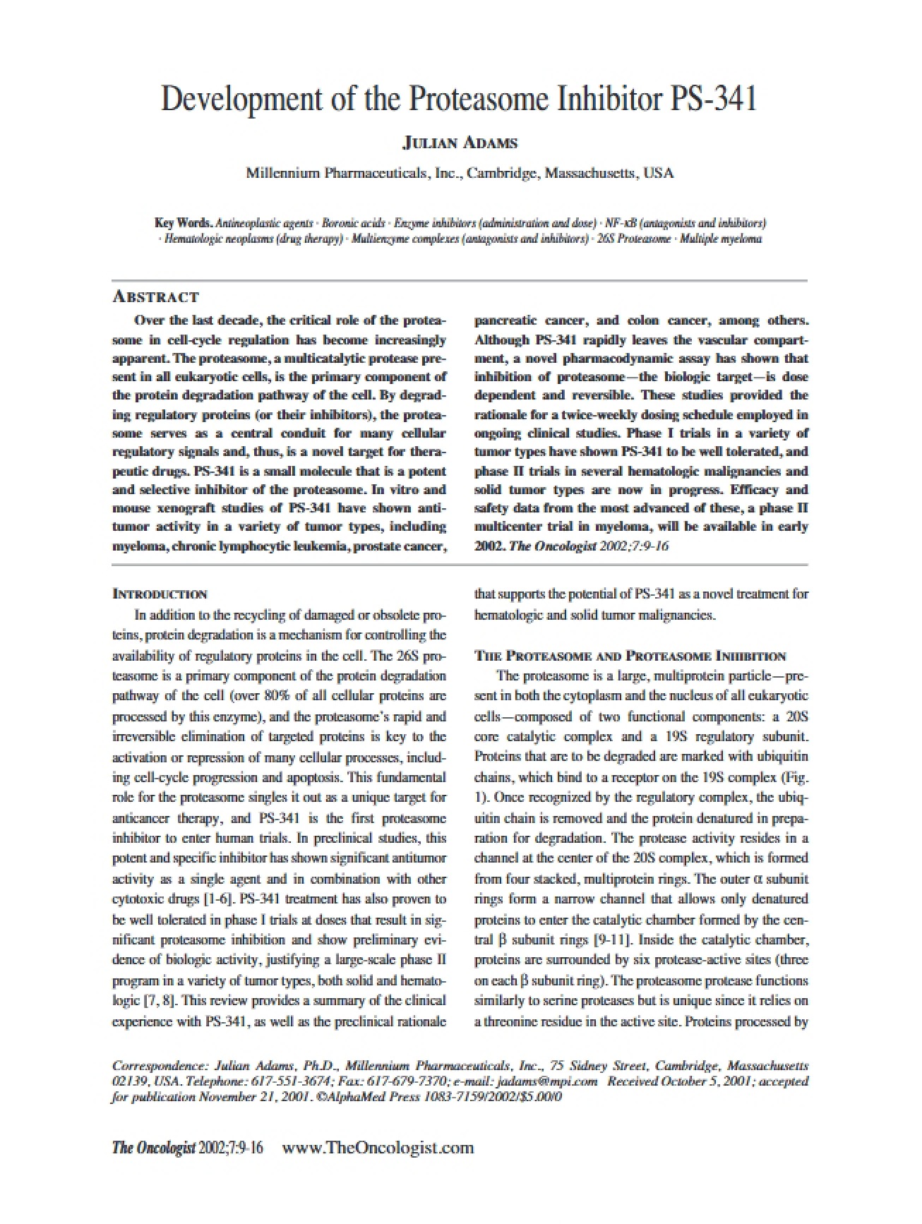 Development of the Proteasome Inhibitor PS-341