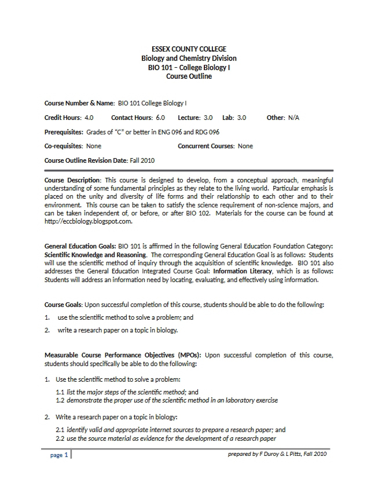 College Biology I Syllabus