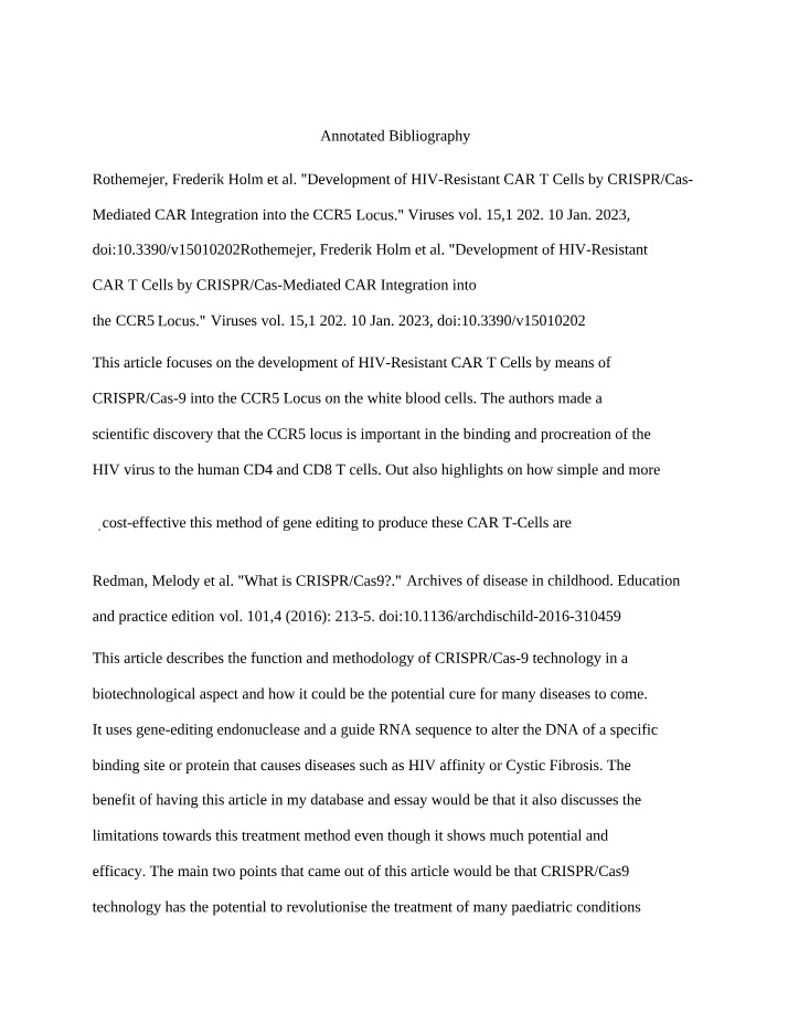 HIV-Resistant CAR T Cells Development through CRISPR-Cas-Mediated CAR Integration
