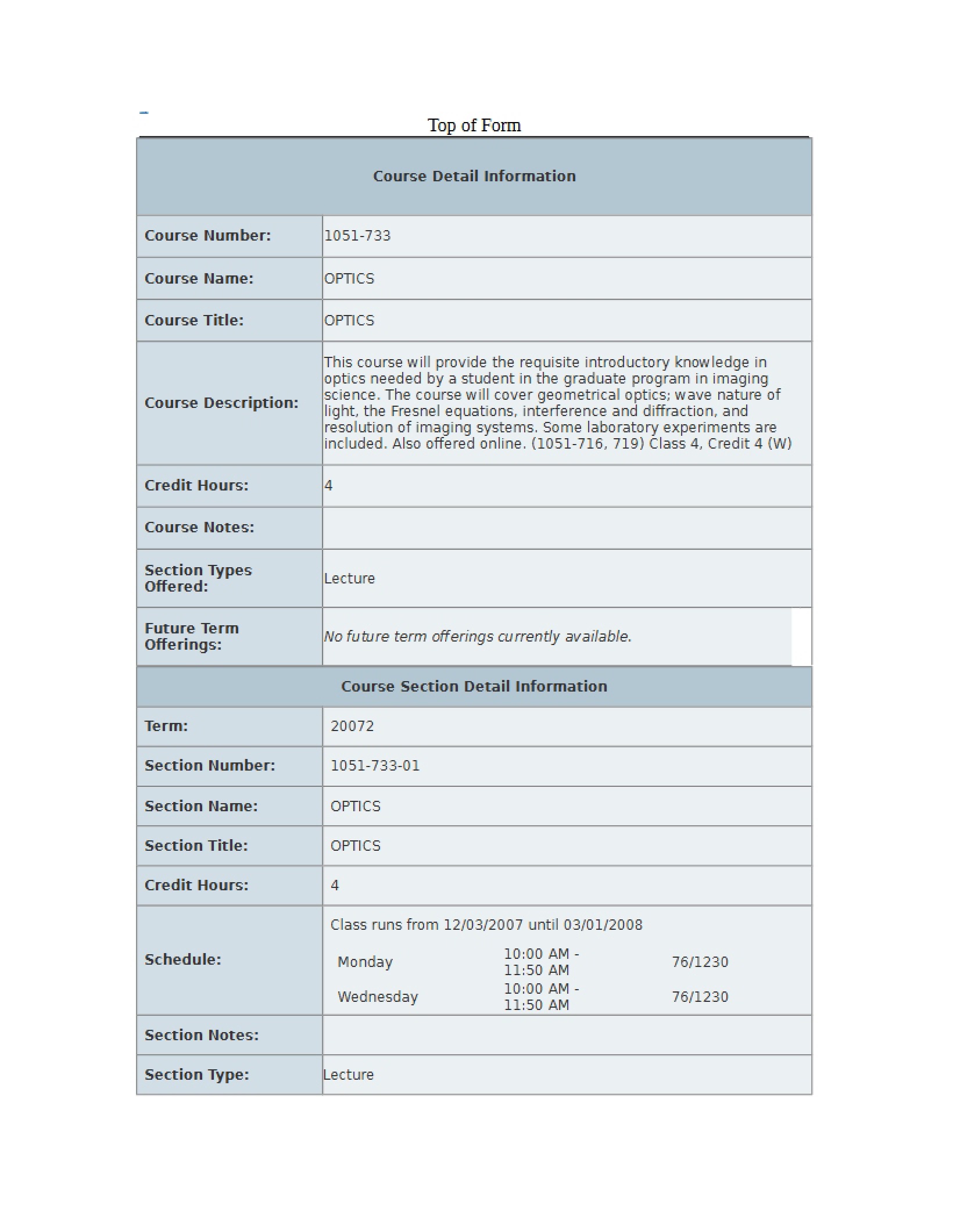 Optics Course Details
