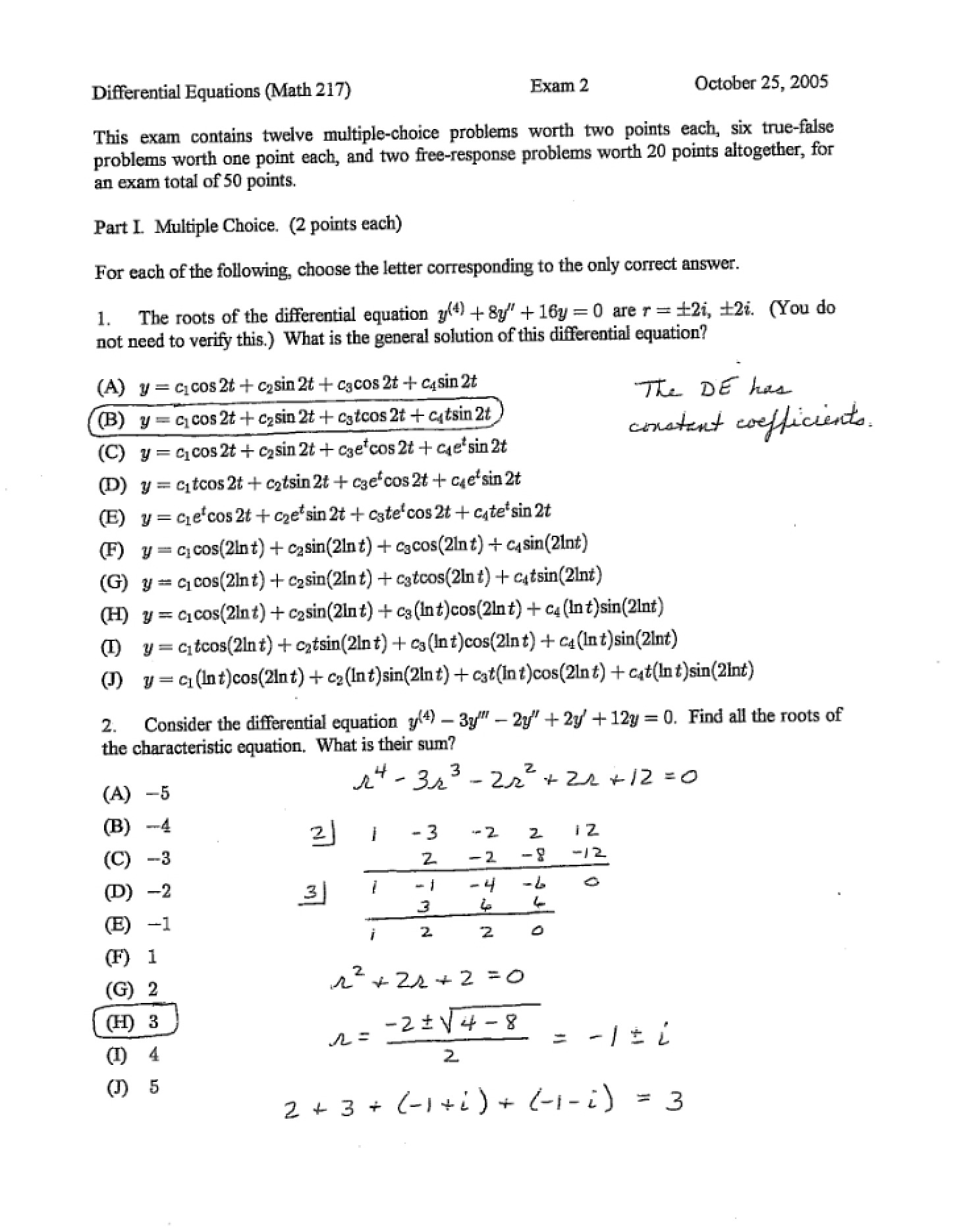 Fall 2005 Exam 2 Solutions (Math 217)