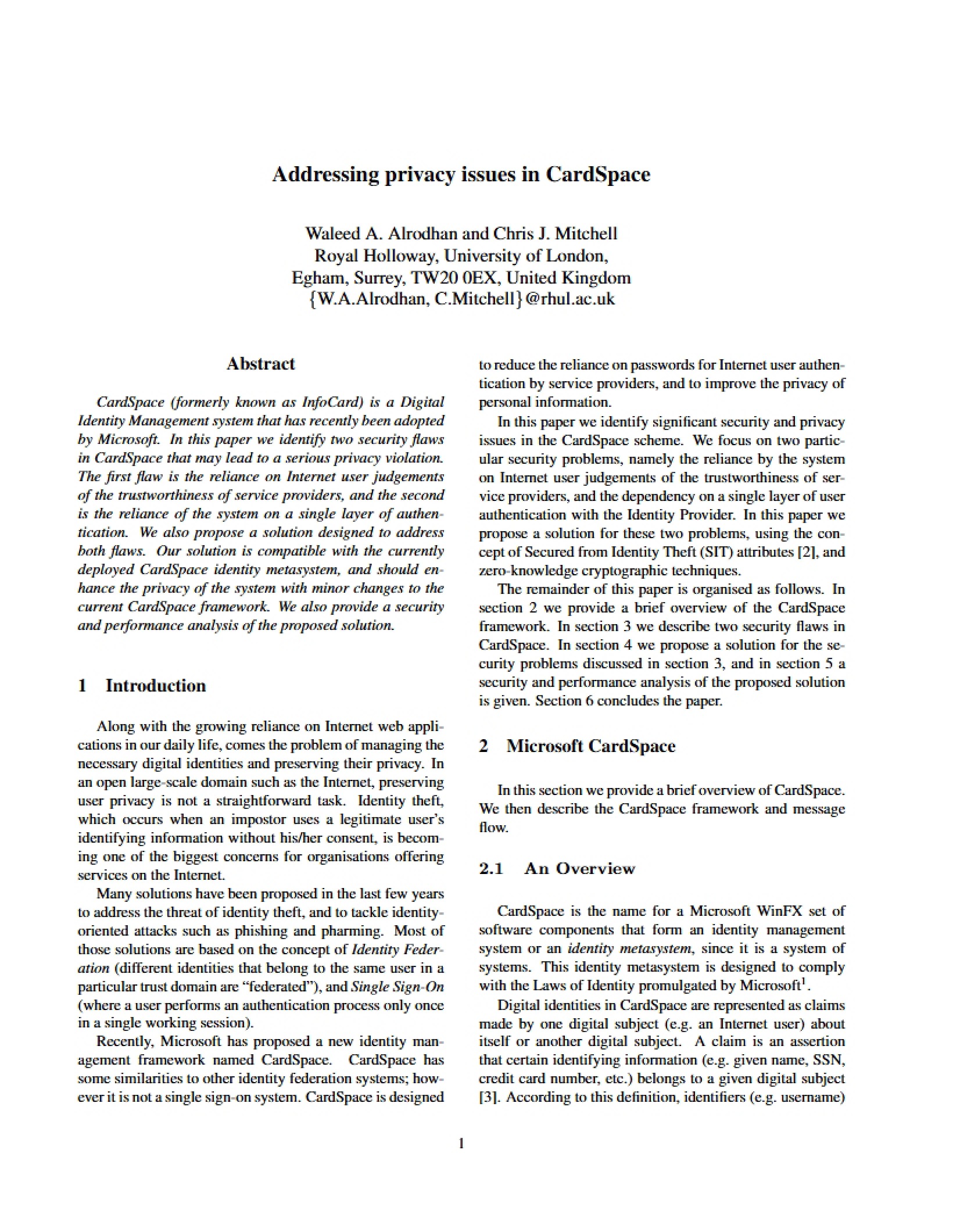 CardSpace Privacy Issues