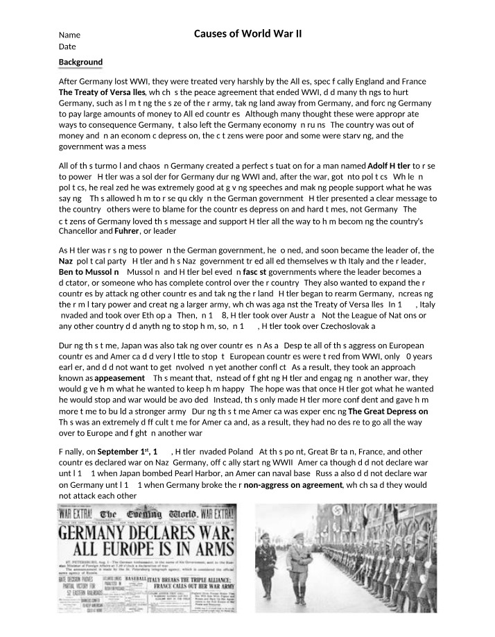 Worksheet on WW2
