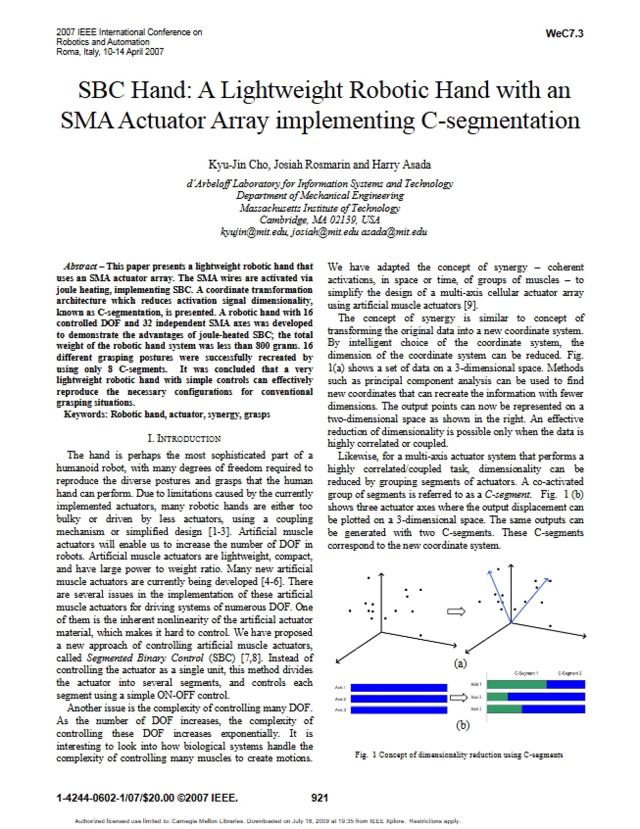 Lightweight Robotic Hand with SMA Actuator Array and C-Segmentation (SBC Hand)