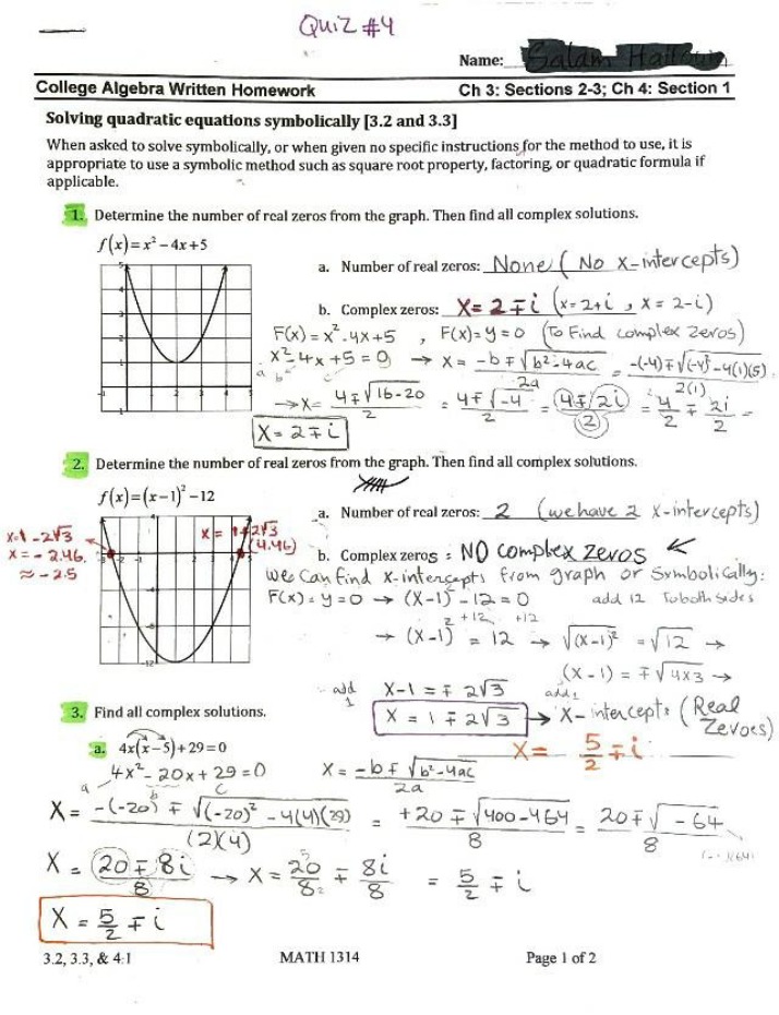 Written Homework for College Algebra