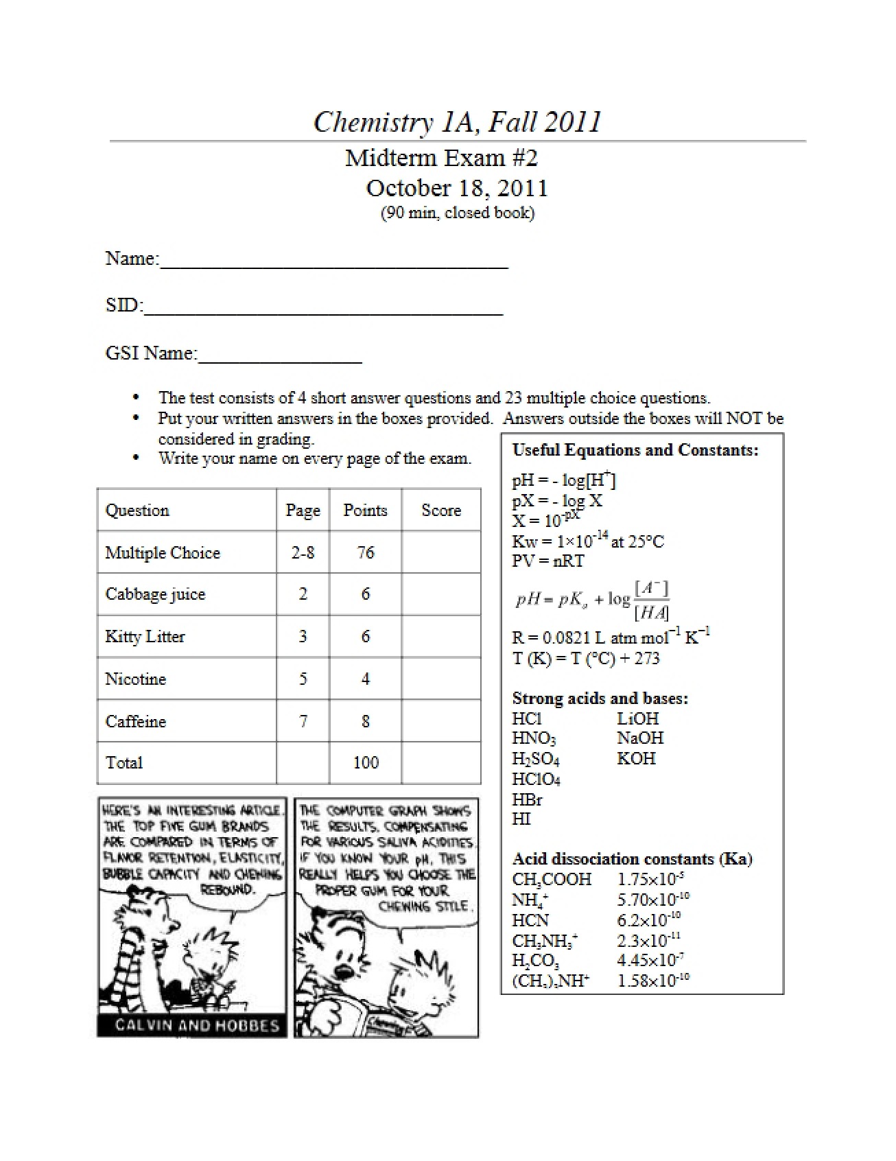 2011 General Chemistry Midterm II (Stacy)