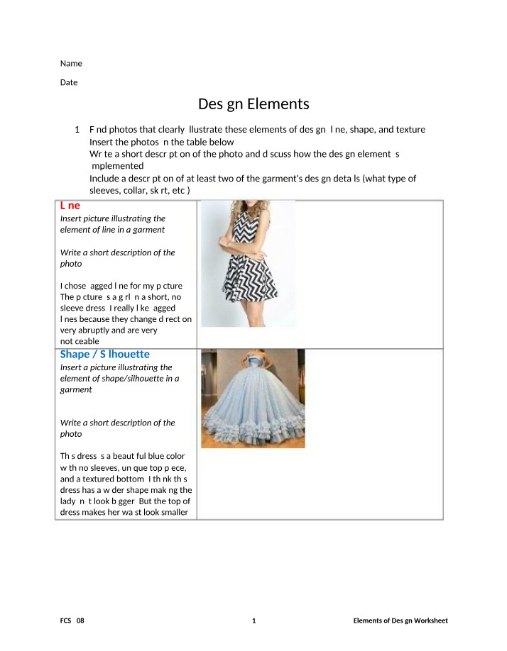 Worksheet on Elements of Design