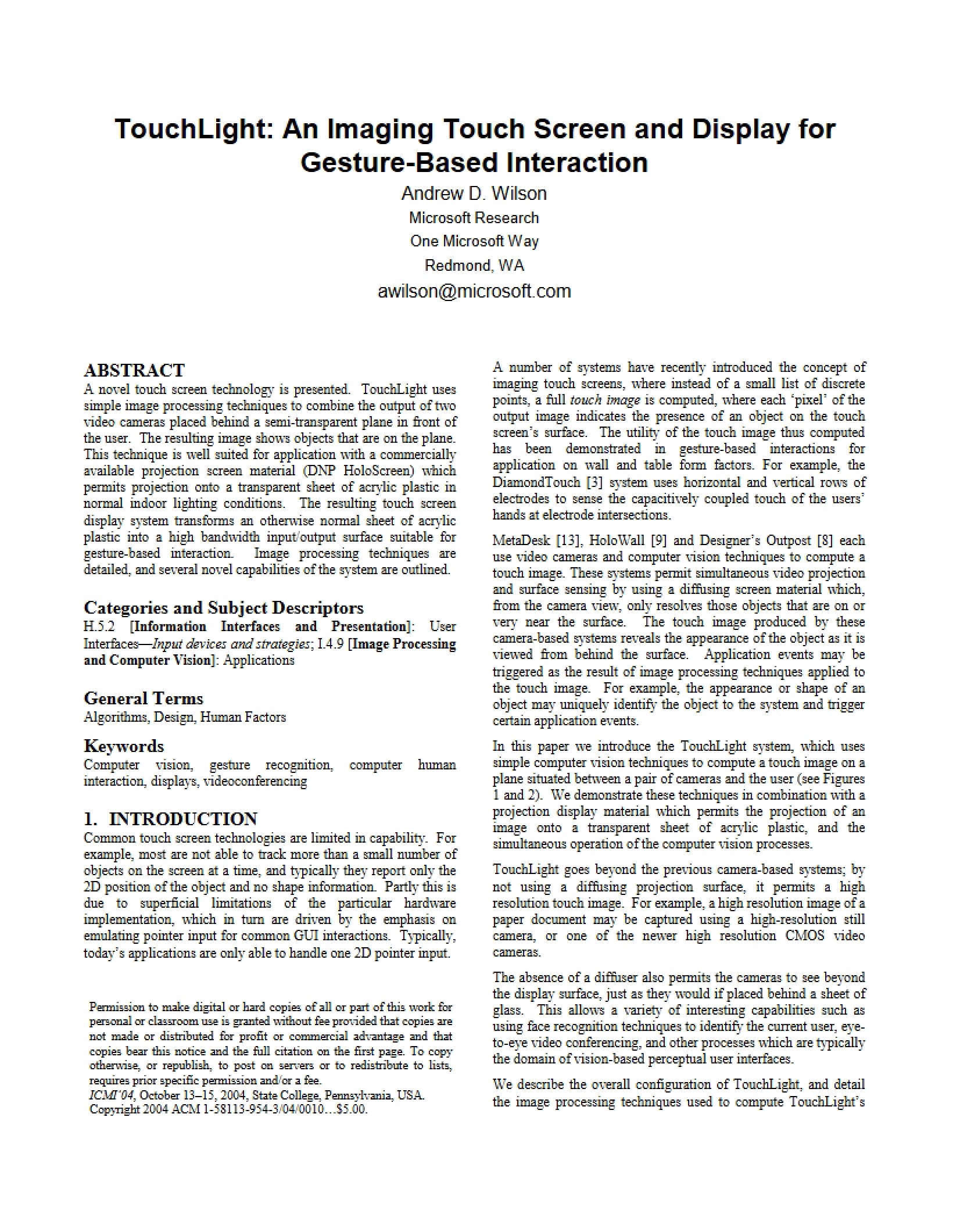 Gesture-Based Interaction Display TouchLight Imaging Touch Screen
