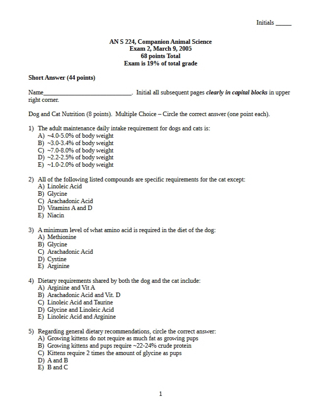 Second Examination for Companion Animal Science from 2005