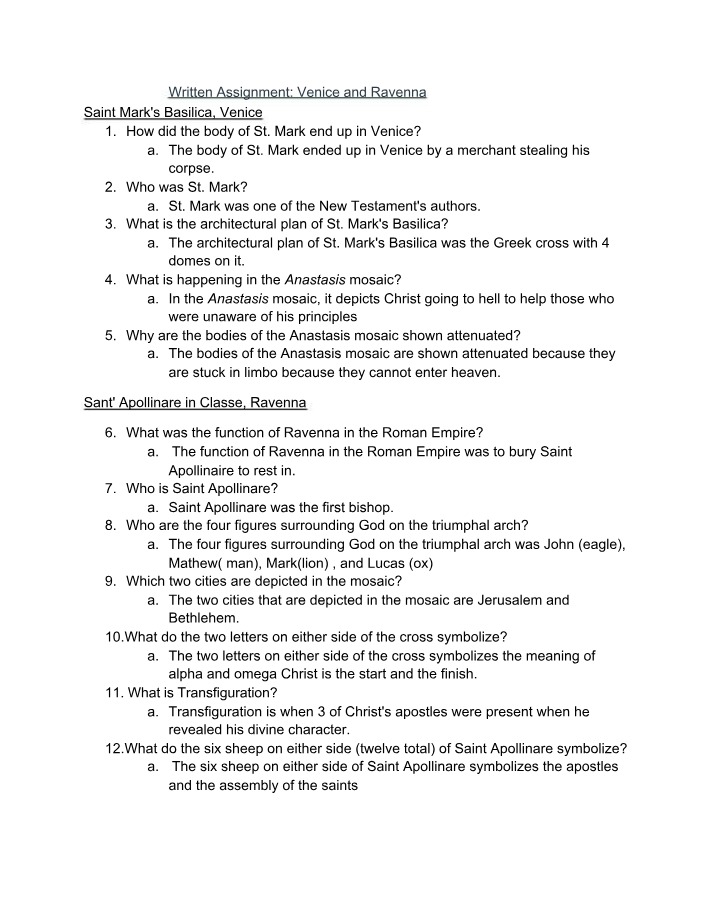 Written Assignment on Venice and Ravenna