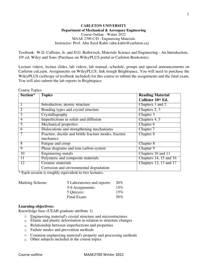 Winter 2022 Topics - Engineering Materials Course Outline