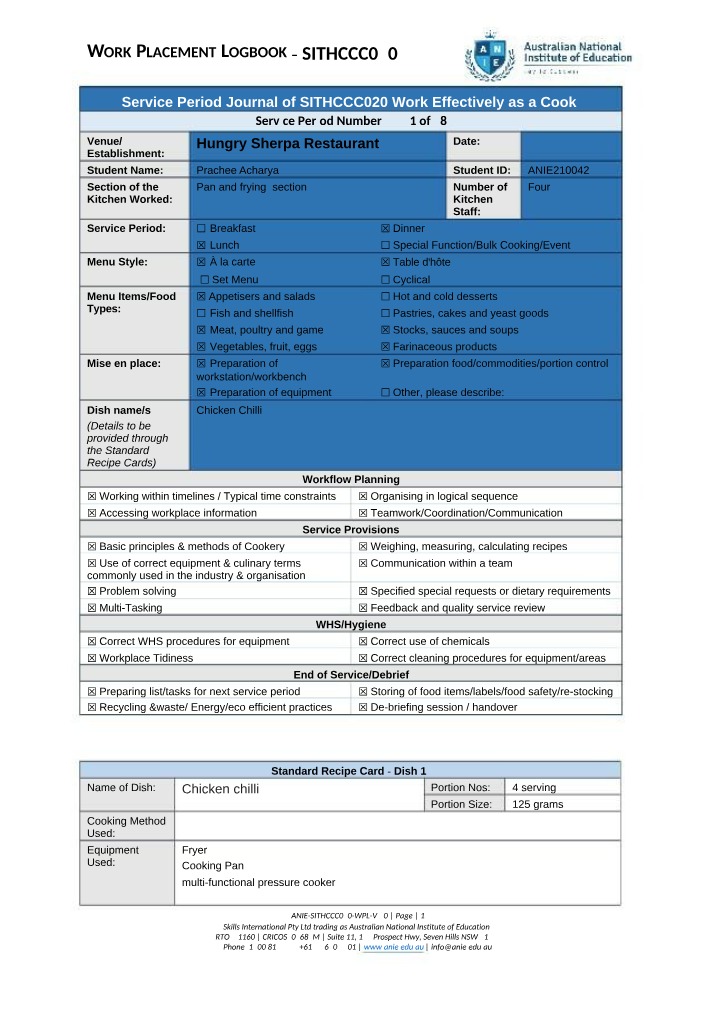 Work Placement Logbook SITHCCC020 Section C