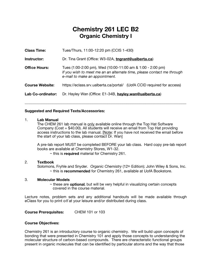 Chemistry 261 Course Materials - Textbook, Lab Manual, and Notes