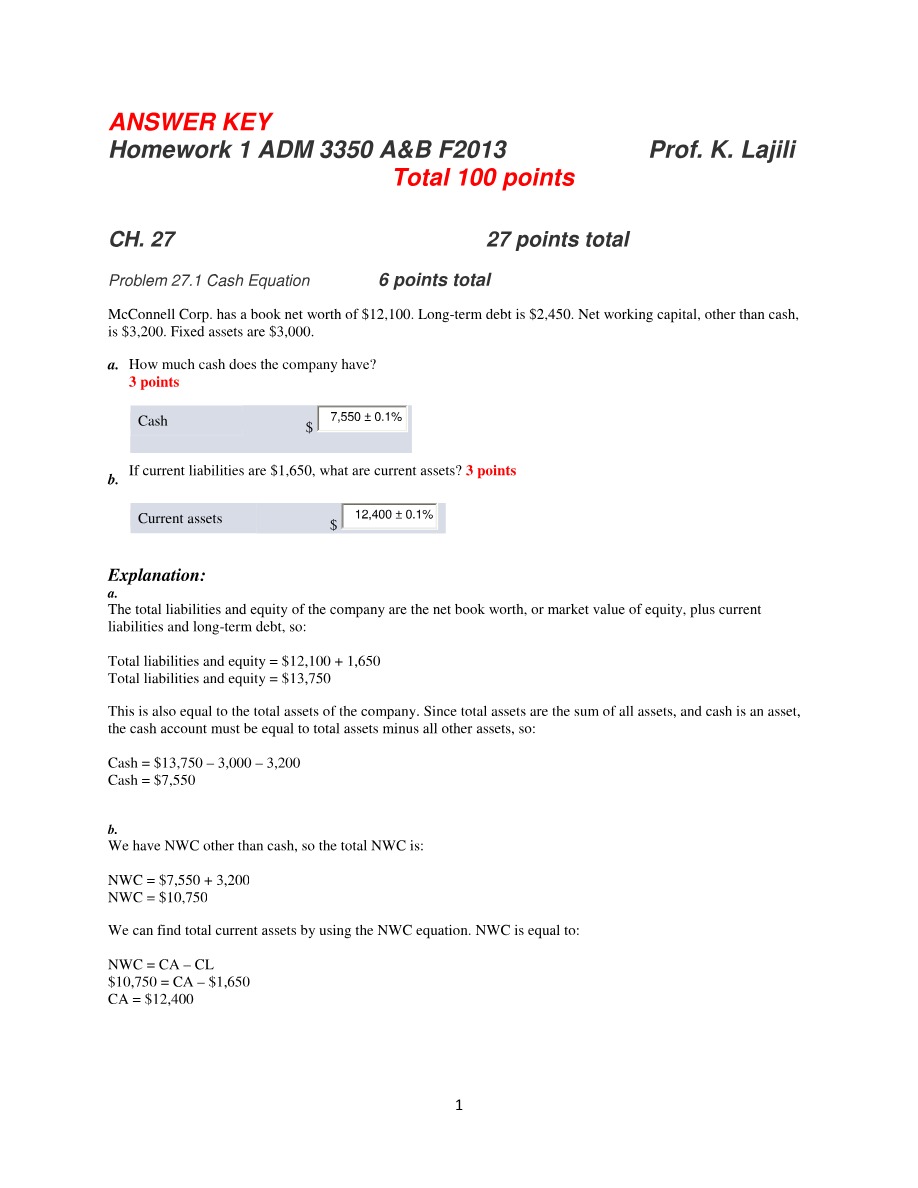 Homework 1 Answer Key - ADM 3350 F2013