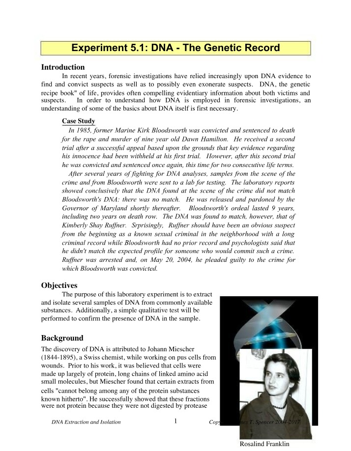 Forensic DNA Investigations - Extraction Lab and Case Study