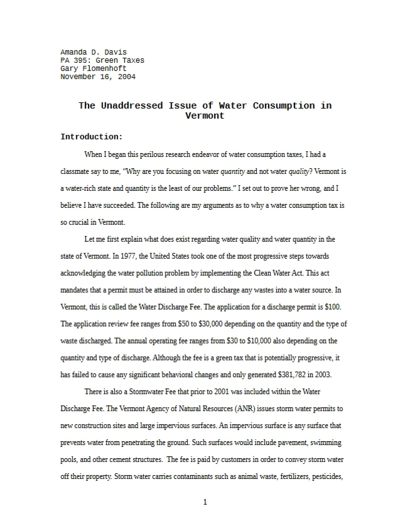 Vermont Water Consumption An Unaddressed Issue