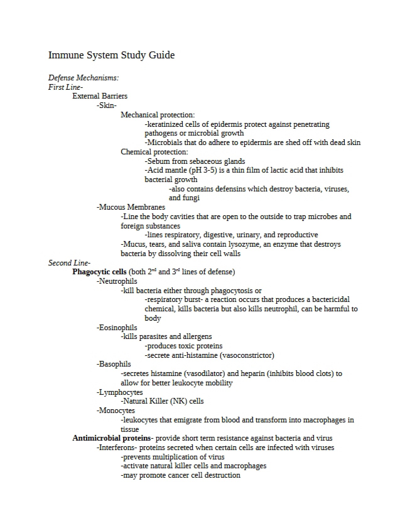 Study Guide for the Immune System