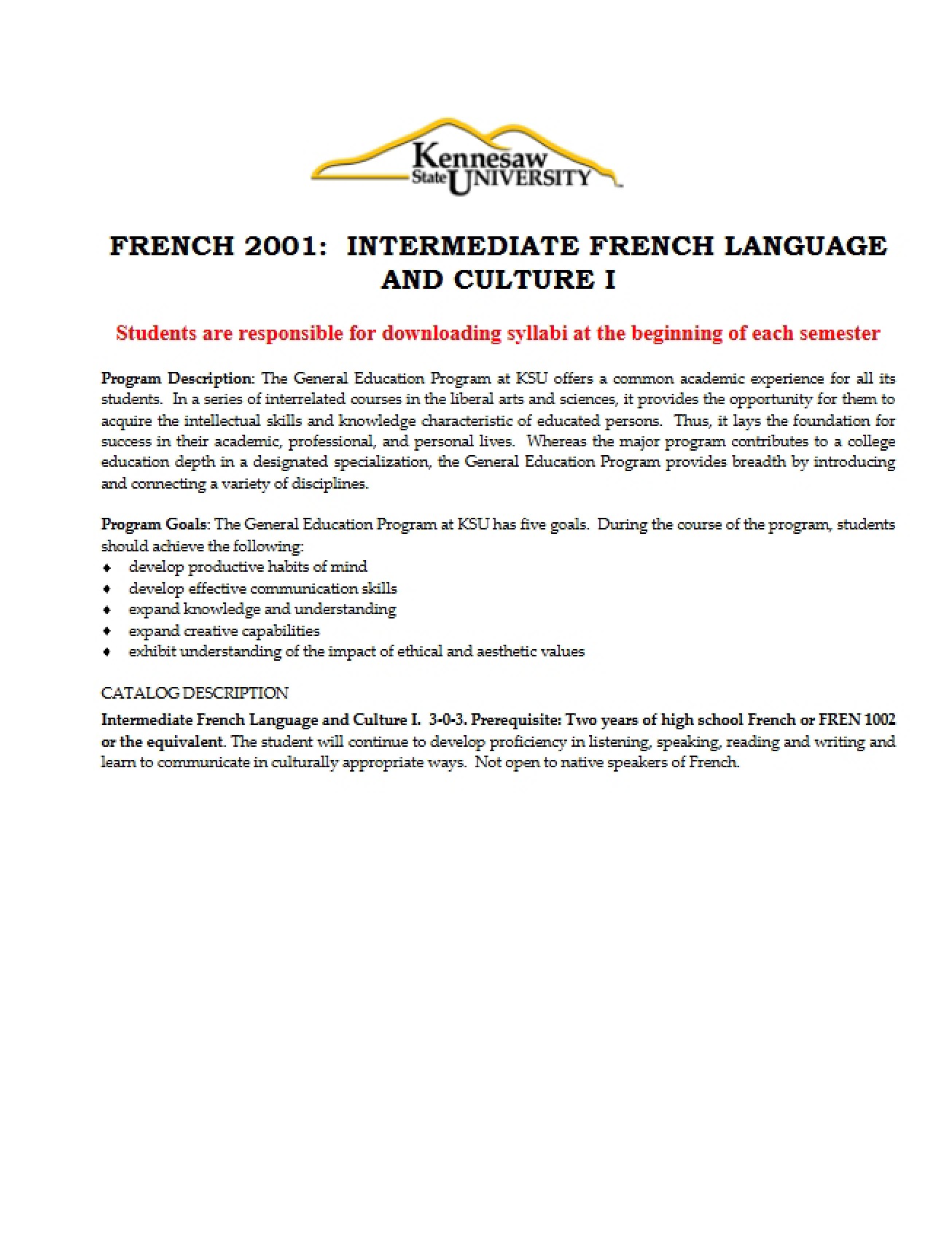 Course Outline for French Intermediate One - 11 Pages