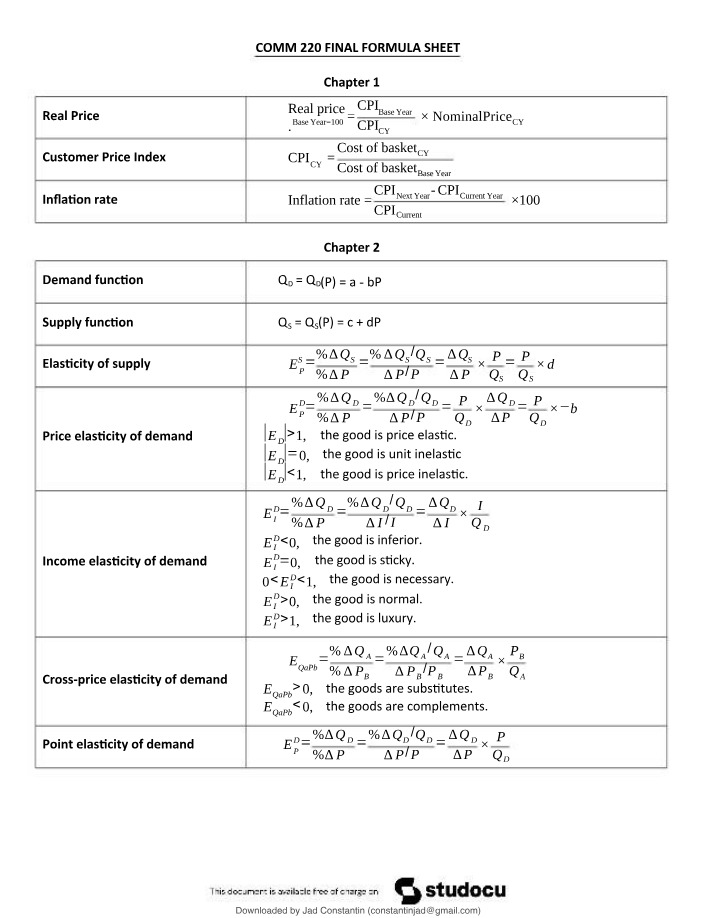 Final Formula Sheet - COMM 220