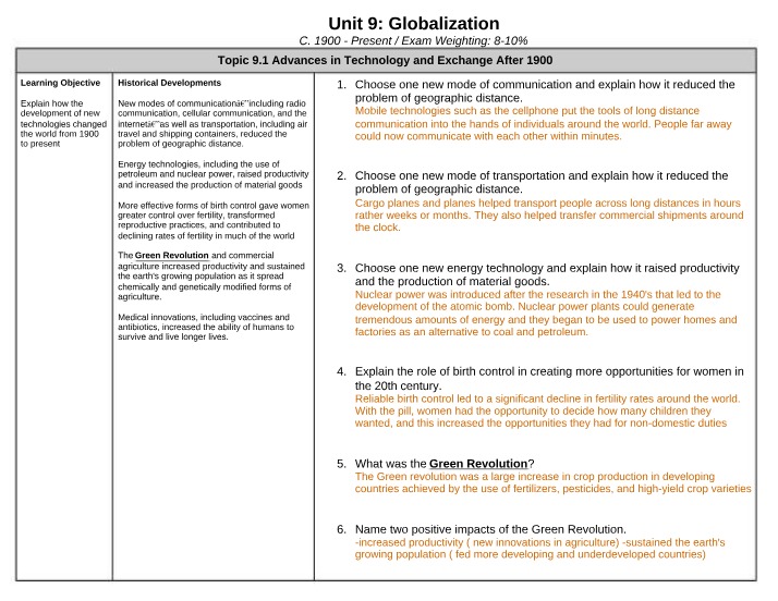 Globalization - Unit 9 Study Guide