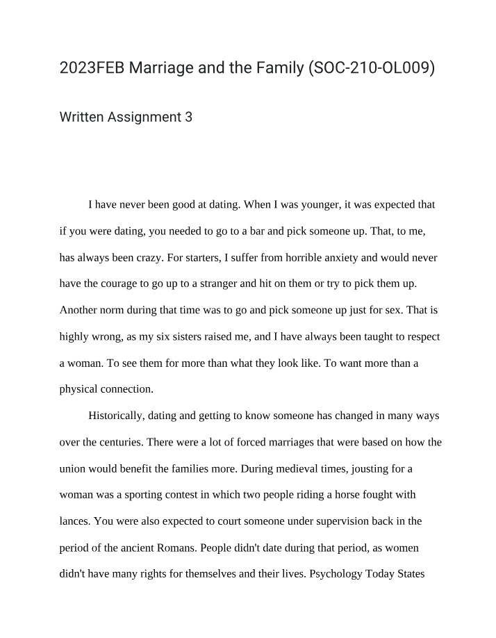 Marriage and the Family - Written Assignment 3