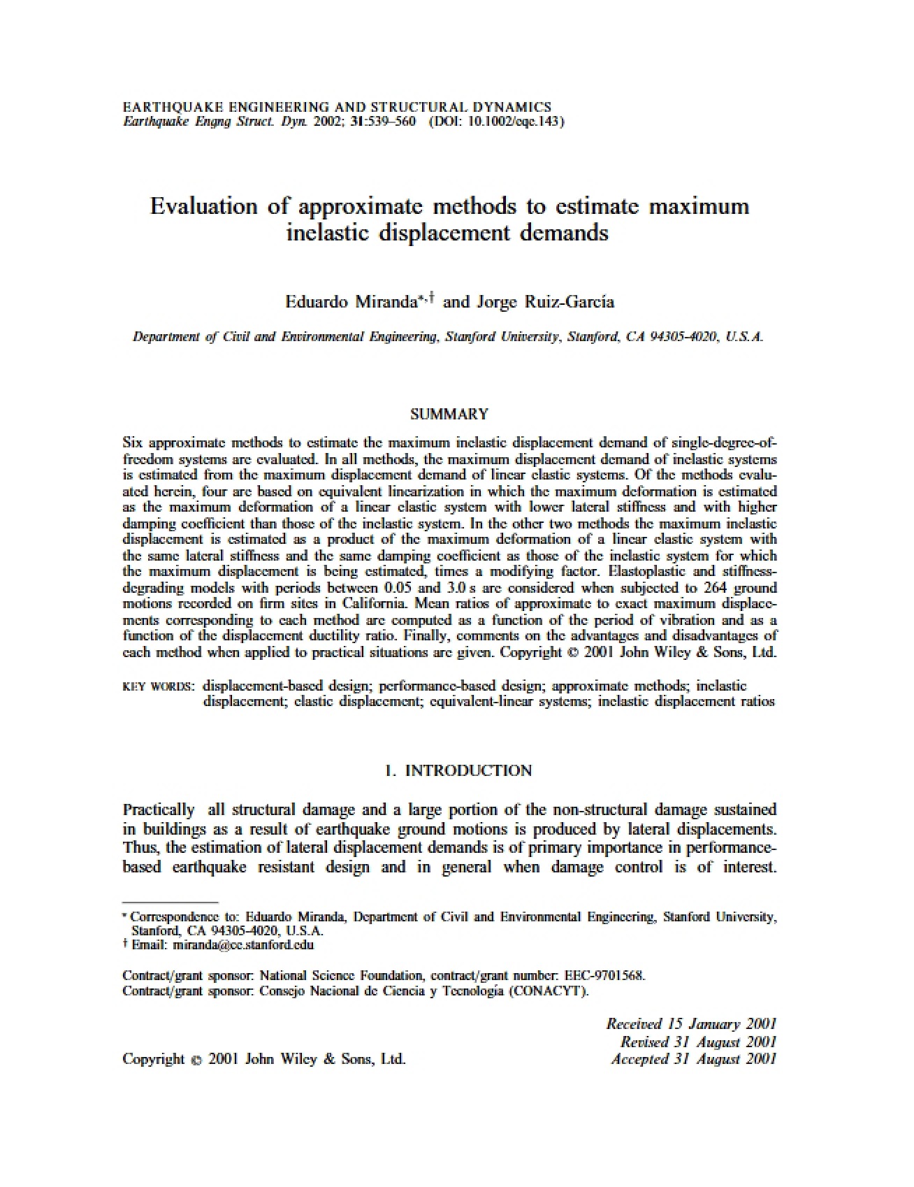 Estimating Max Inelastic Displacement Approximate Methods Evaluation