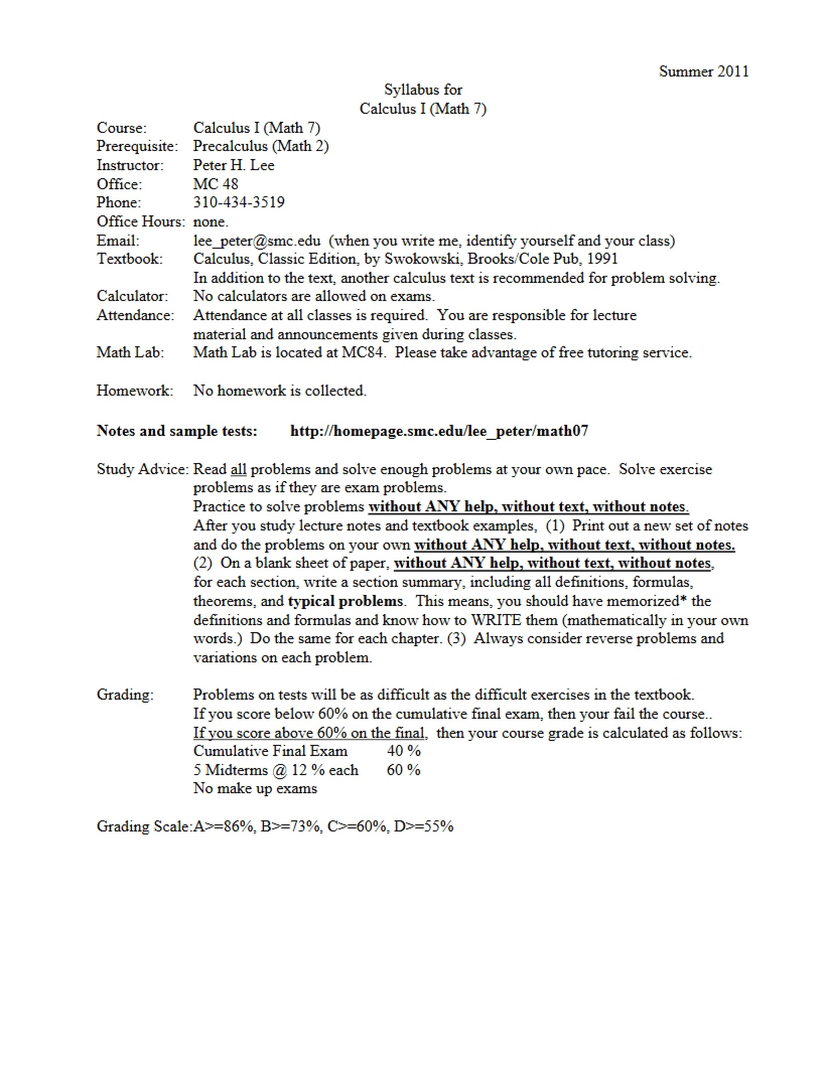 Calculus I Course Outline