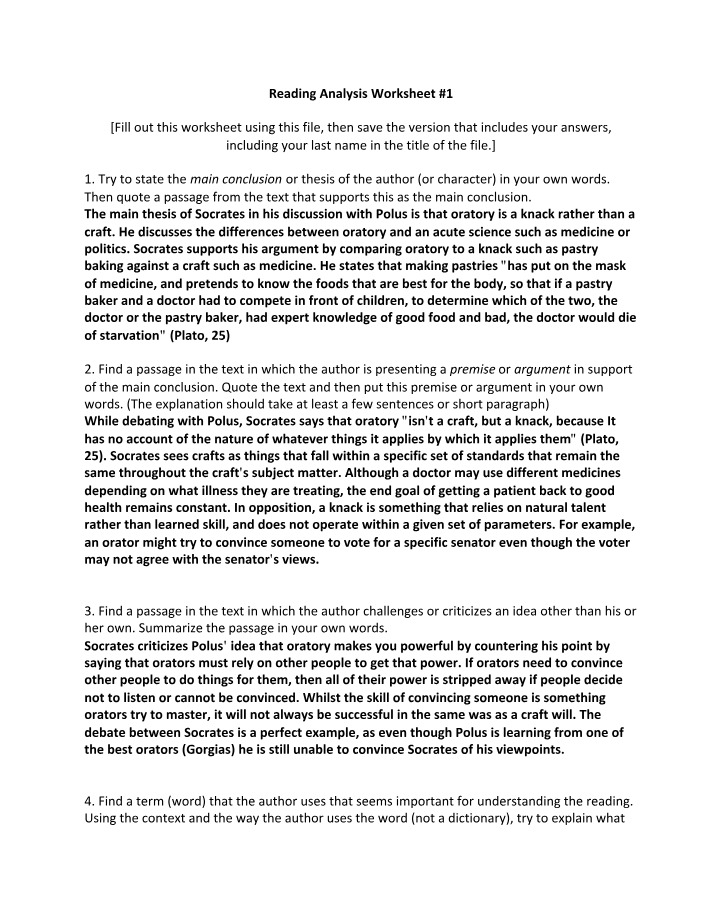 Worksheet for Reading Analysis 1