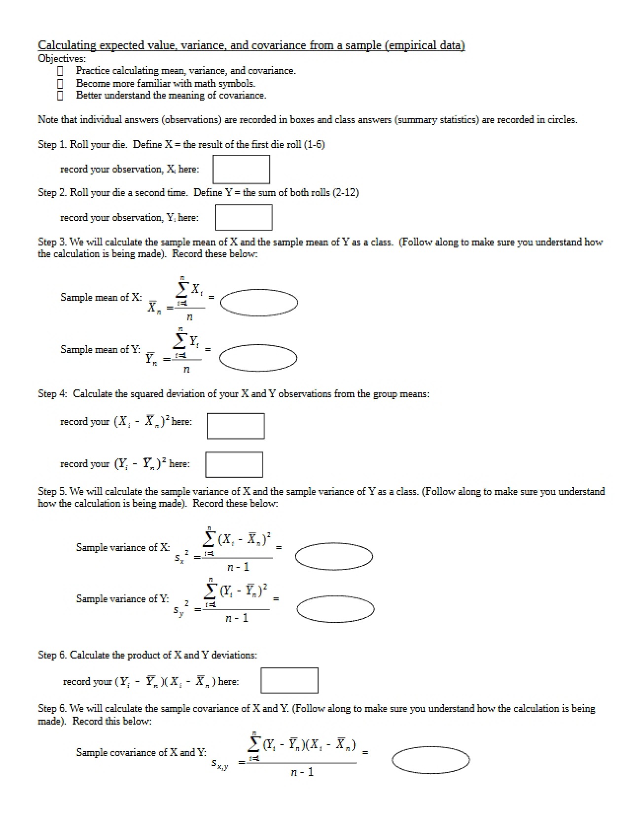 Calculating Expected Value, Variance, and Covariance from Samples