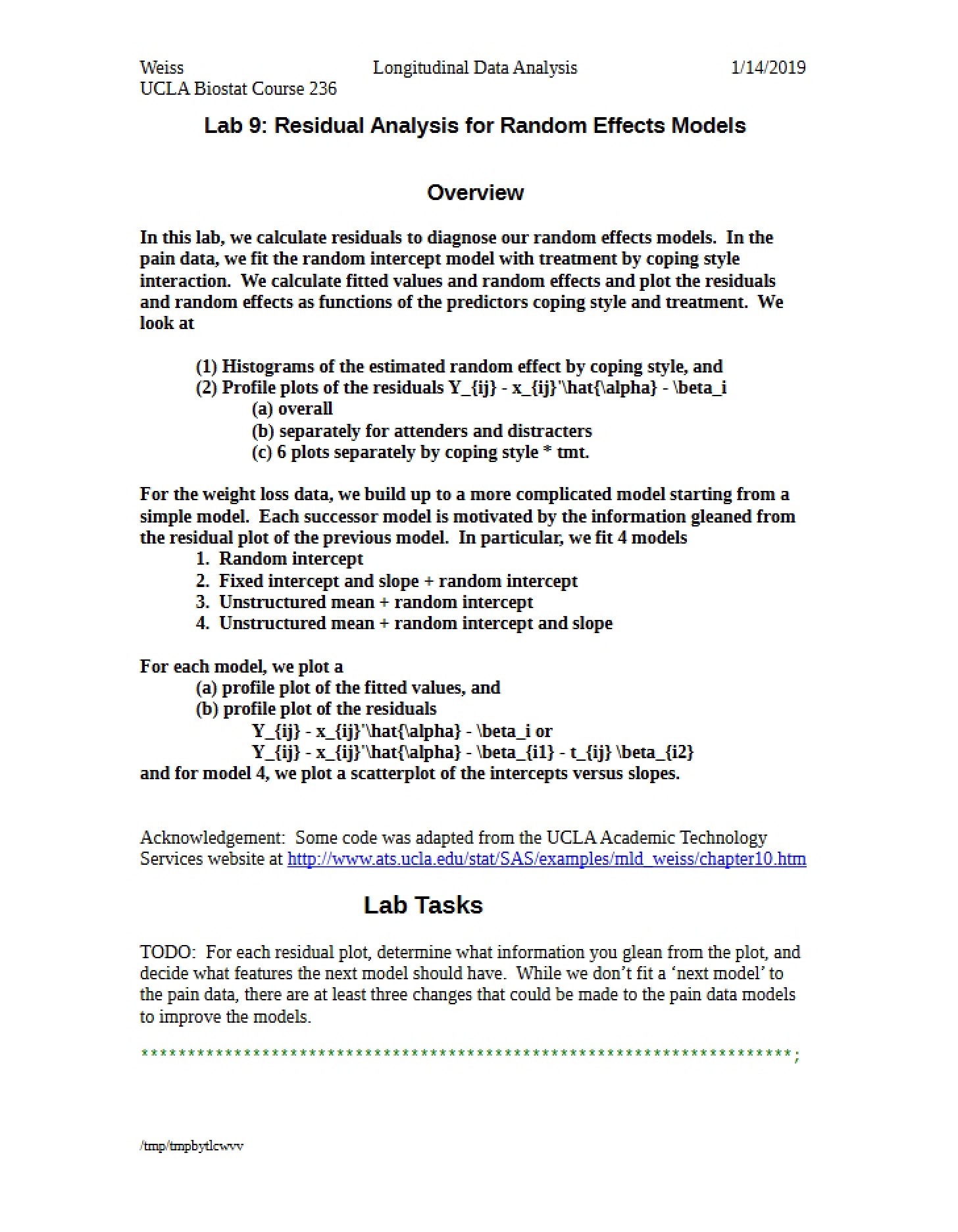 Random Effects Models Residual Analysis (Lab 9)