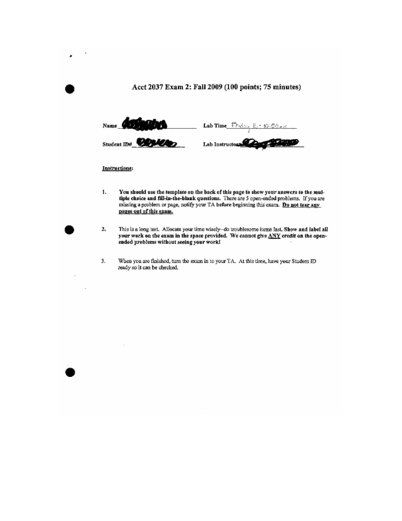 Accounting II Exam 2 Fall 2009