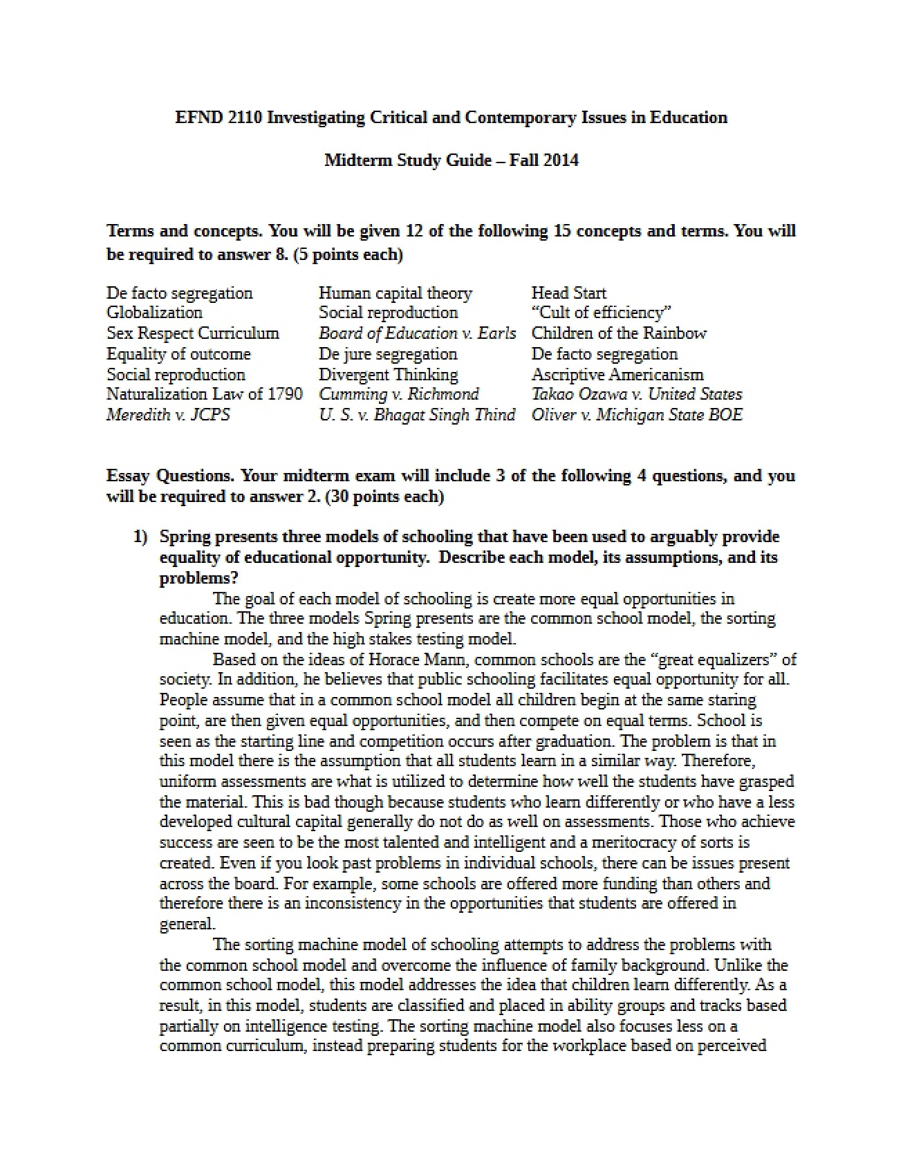 Study Guide for the Midterm Exam
