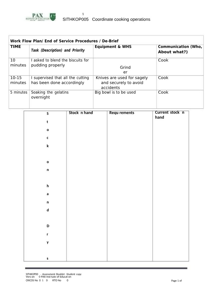 Assessment Booklet for SITHKOP005 Coordinate Cooking Operations
