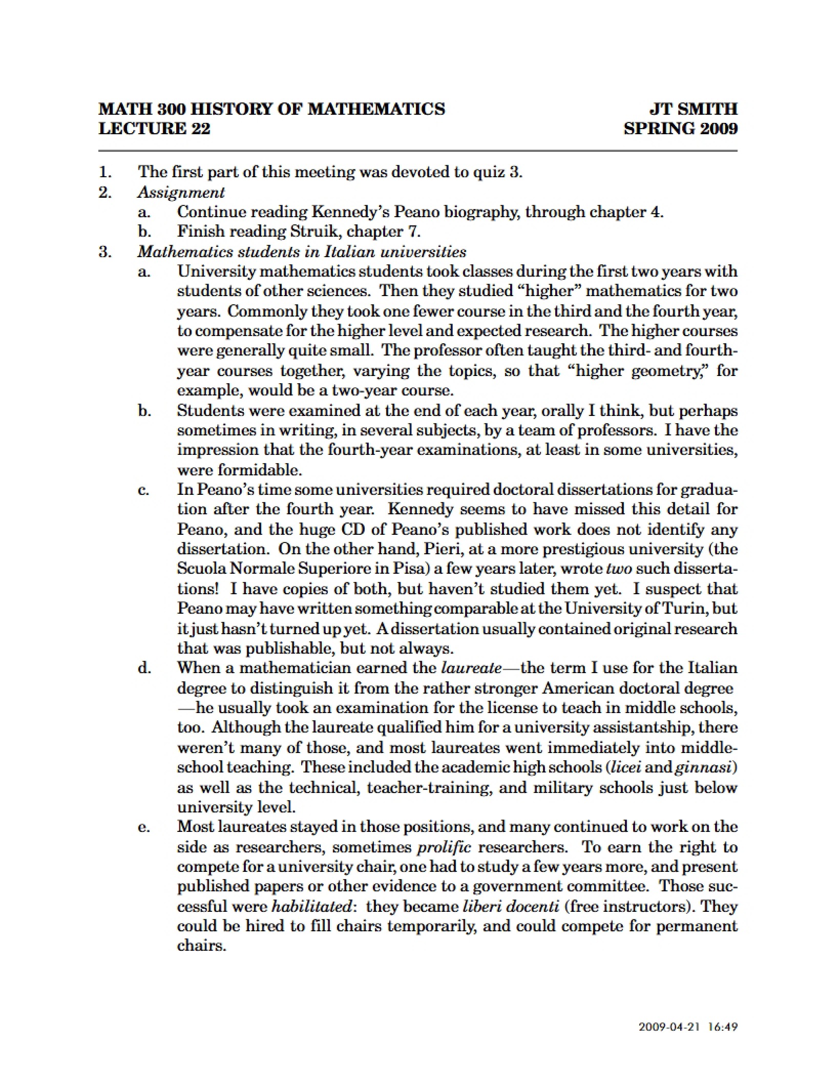 History of Mathematics Lecture 22