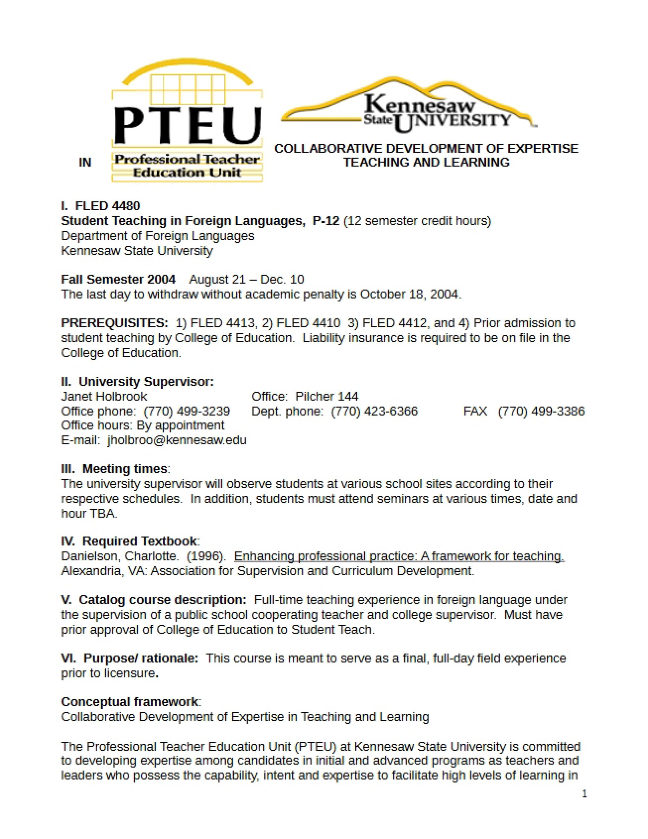 Student Teaching P-12 Syllabus Documentation