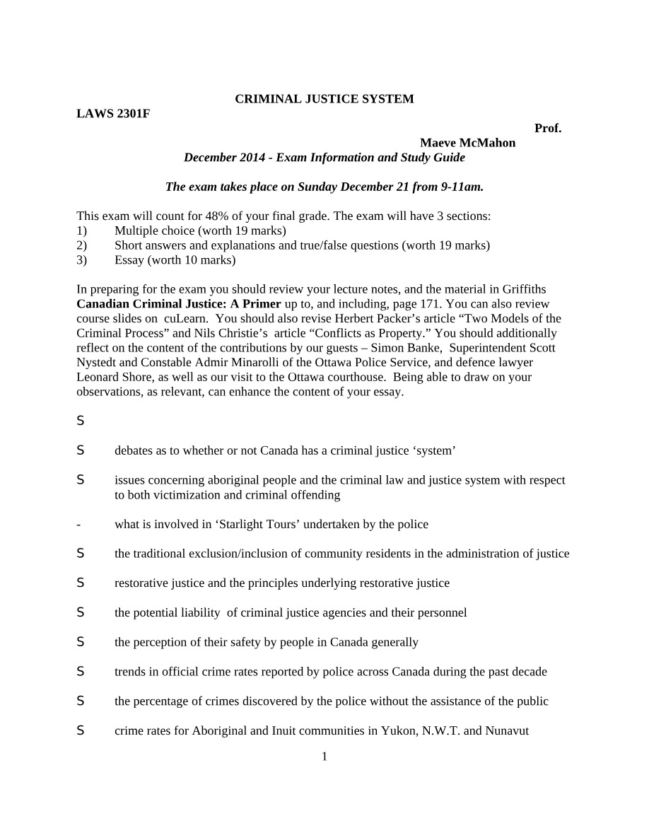 Criminal Justice System Exam - Study Guide and Information