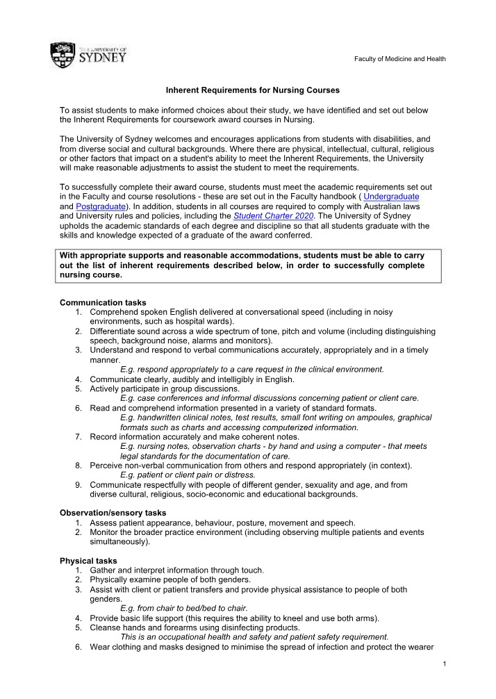 Nursing Courses - Inherent Requirements