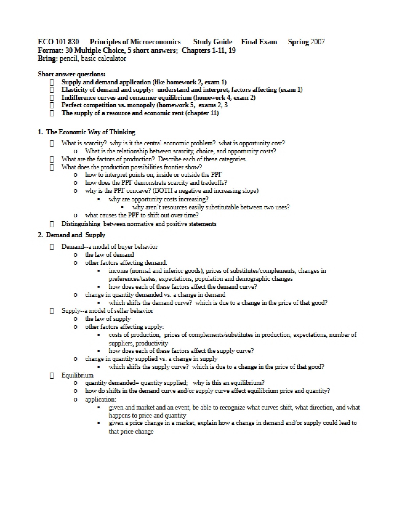Final Exam Study Guide for Principles of Microeconomics