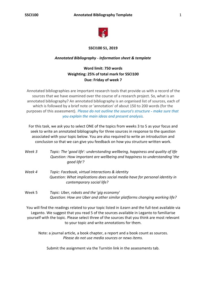 SSCI100 Research Project - Annotated Bibliography Template