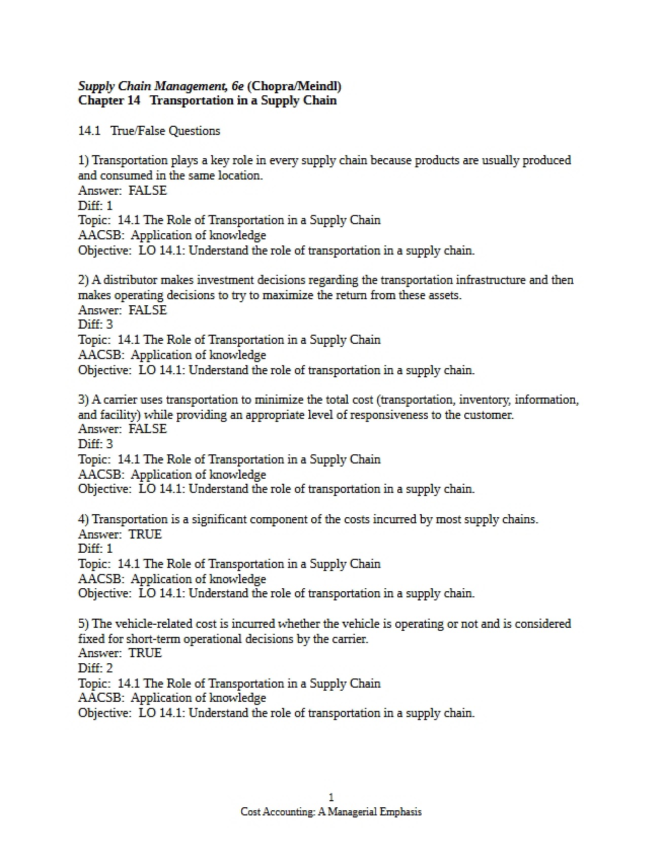 Supply Chain Transportation Concepts (Chapter 14)
