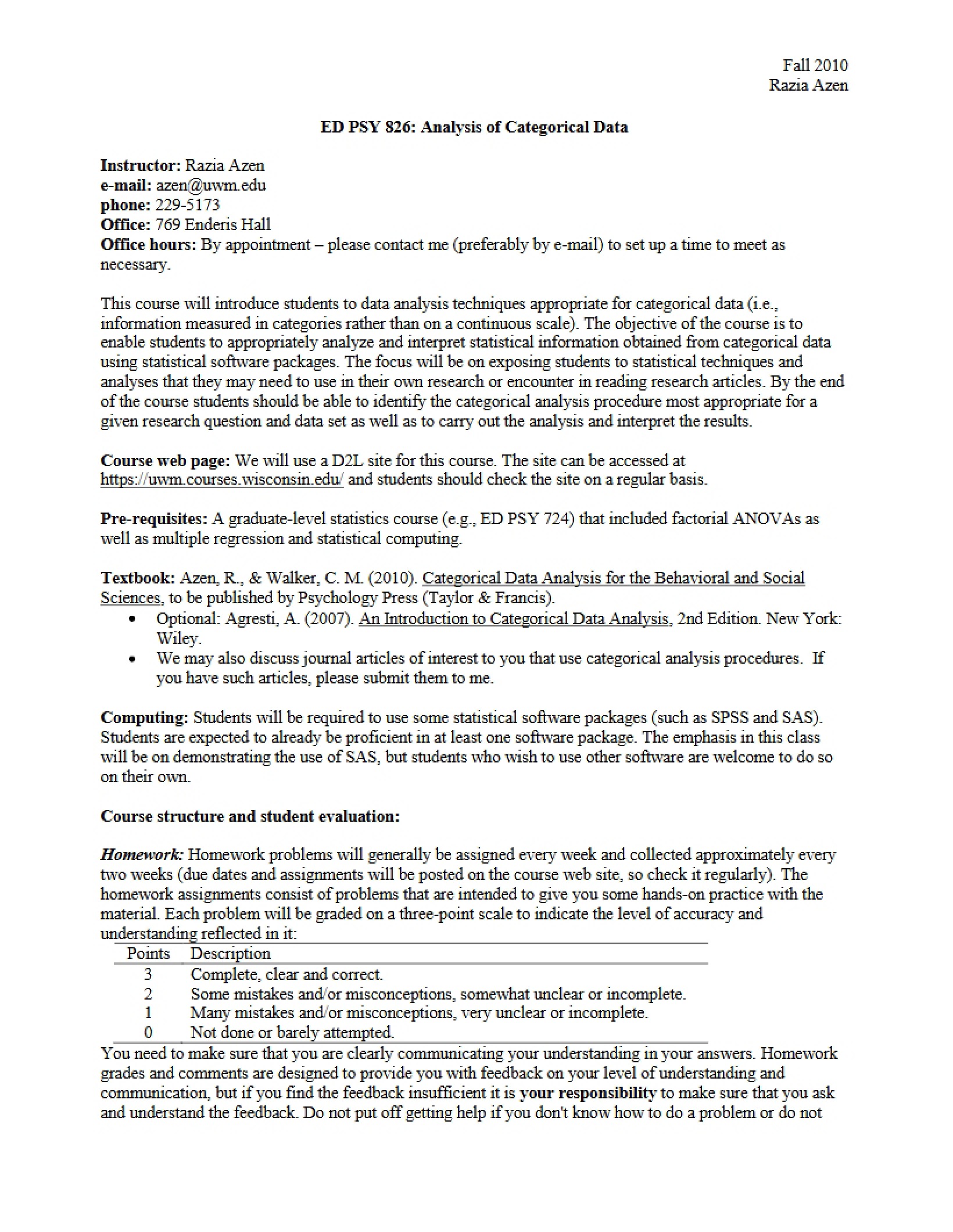 Syllabus for Categorical Data Analysis
