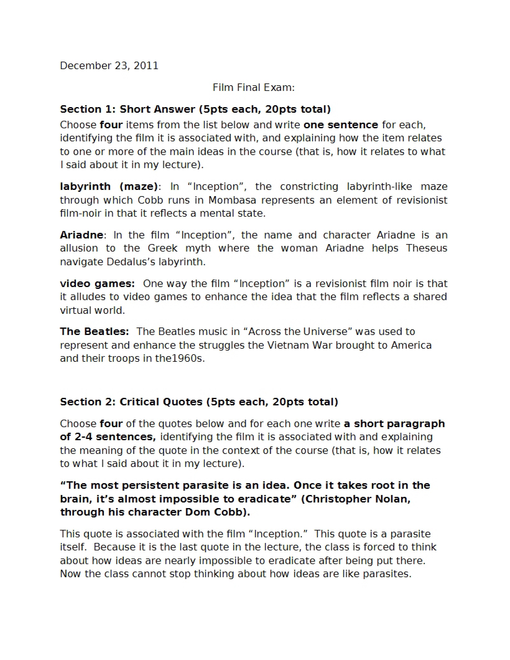 Final Examination for Film