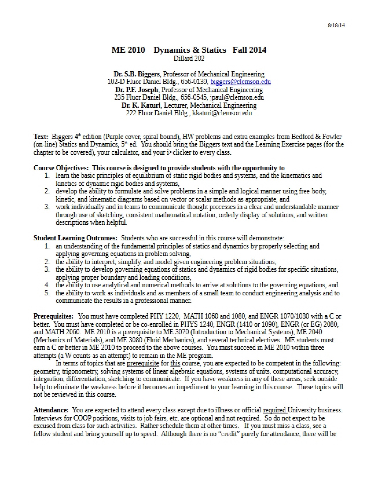 Policy for ME 201 (Fall 14)