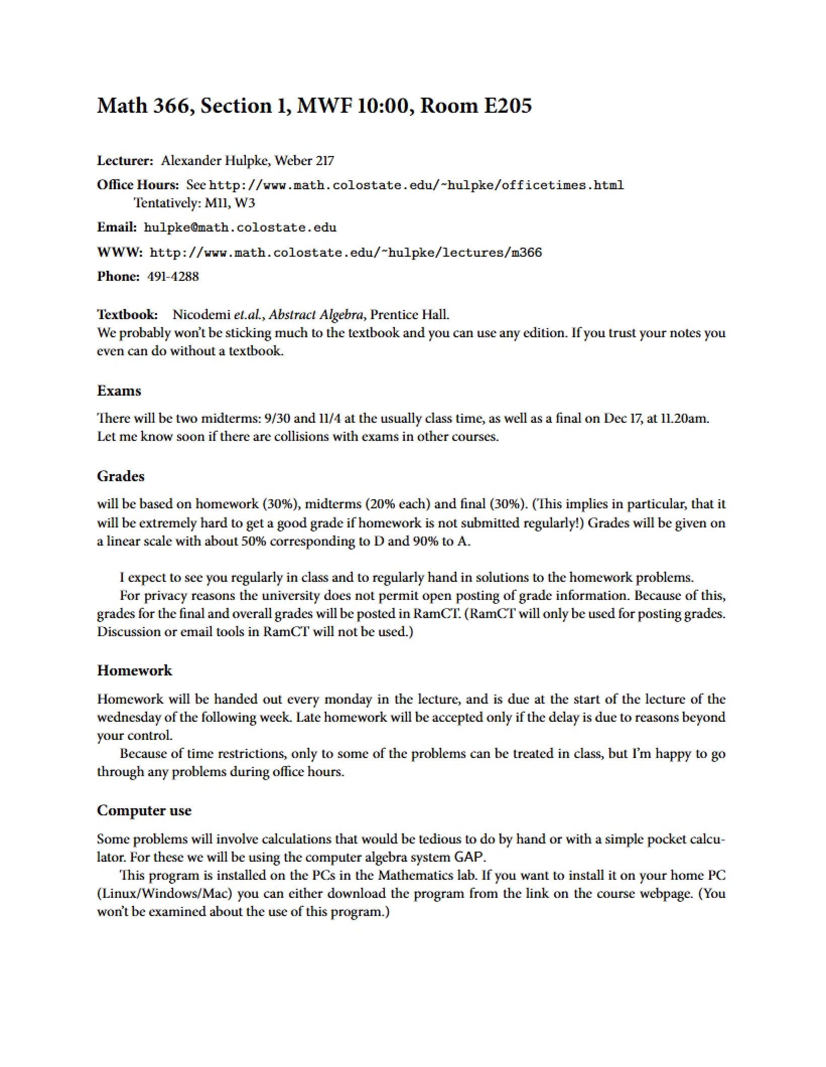 Syllabus for Abstract Algebra