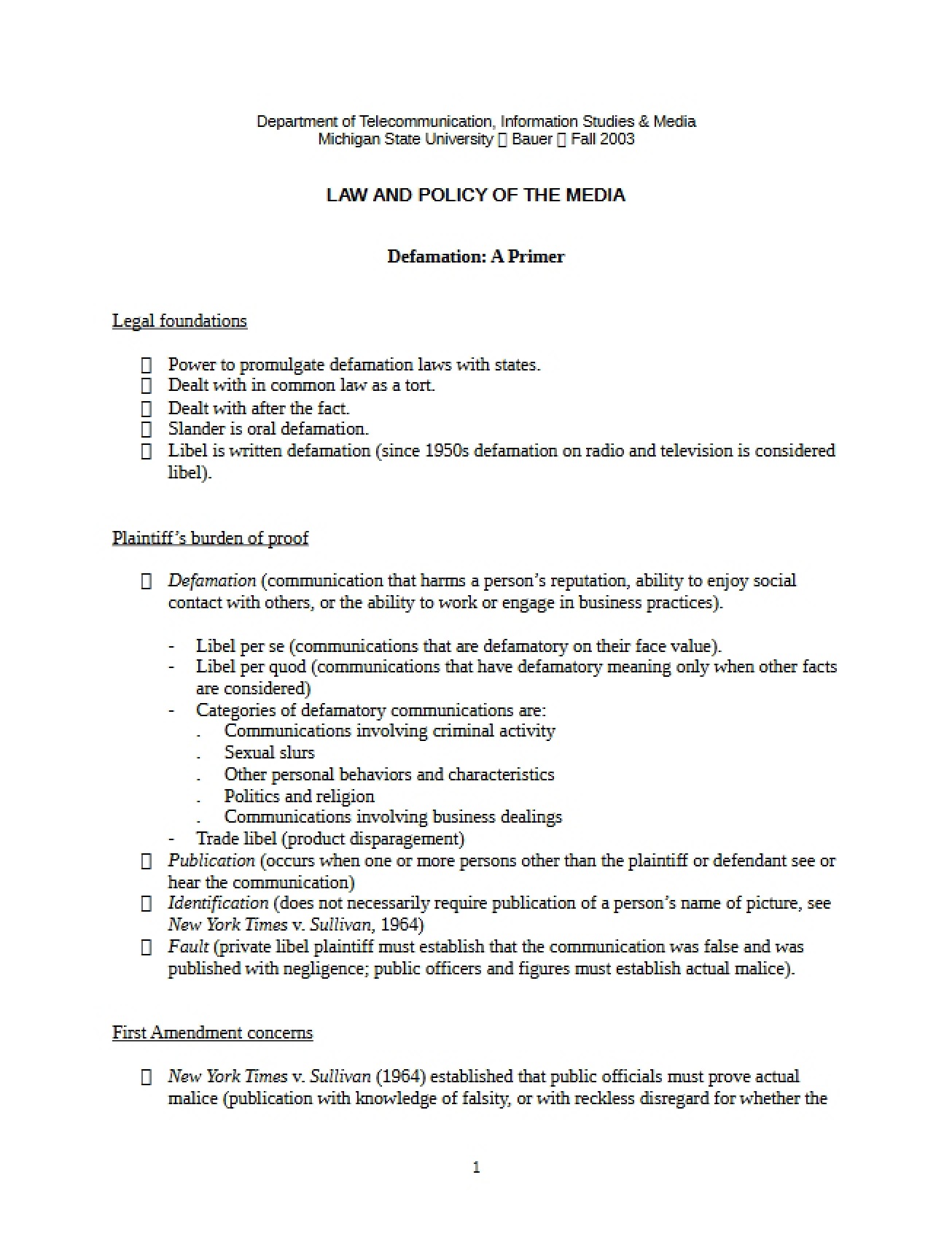 Defamation A Primer on Media Law and Policy